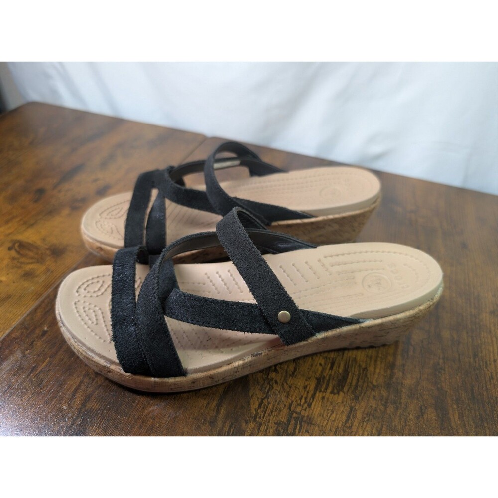 Crocs A-Leigh Sandal Womens Size 8 Leather Black Cork Mini Wedge 202043